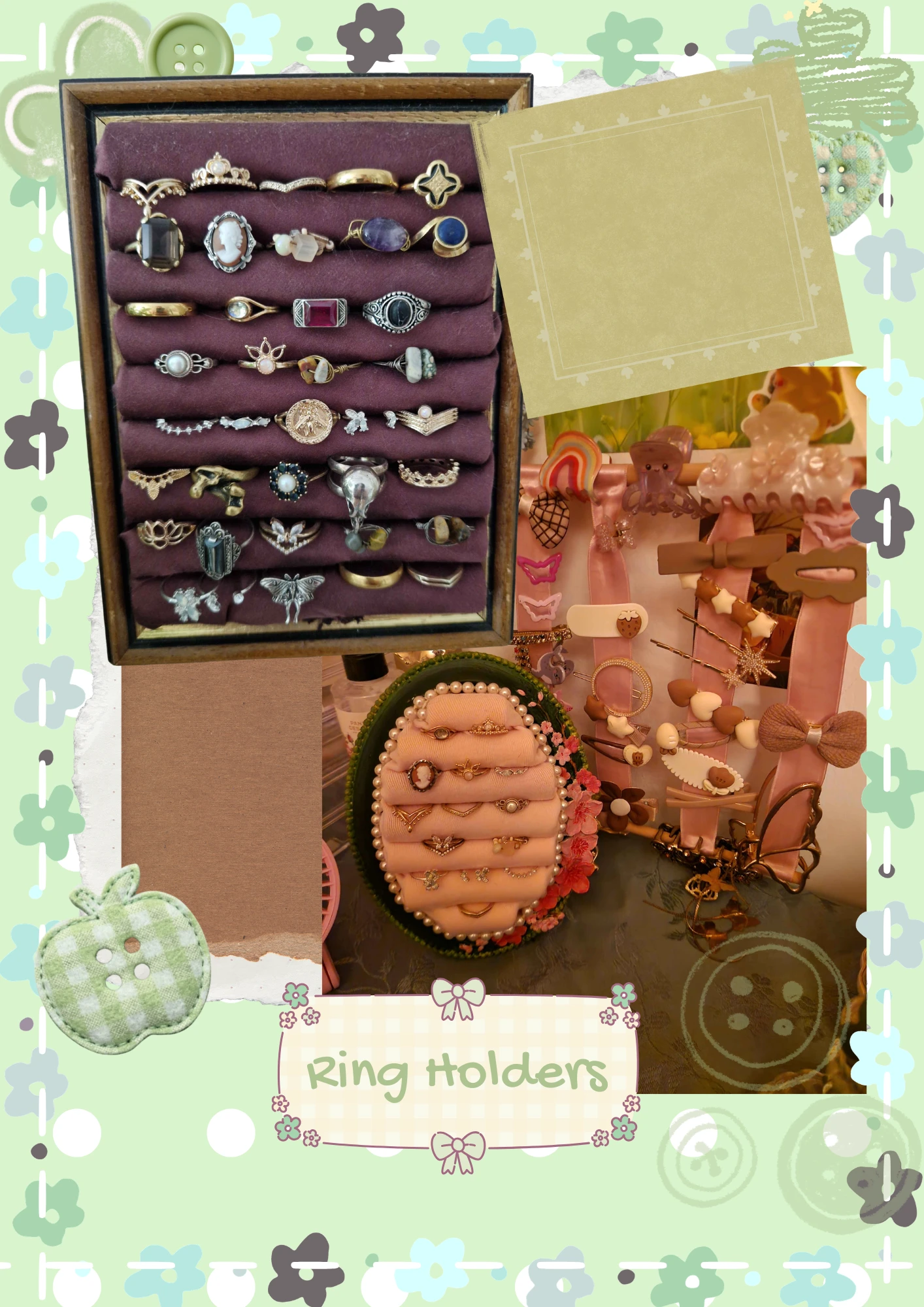 Ring displays made from picture frames, EVA foam and satin scraps, next to a board full of hair clips