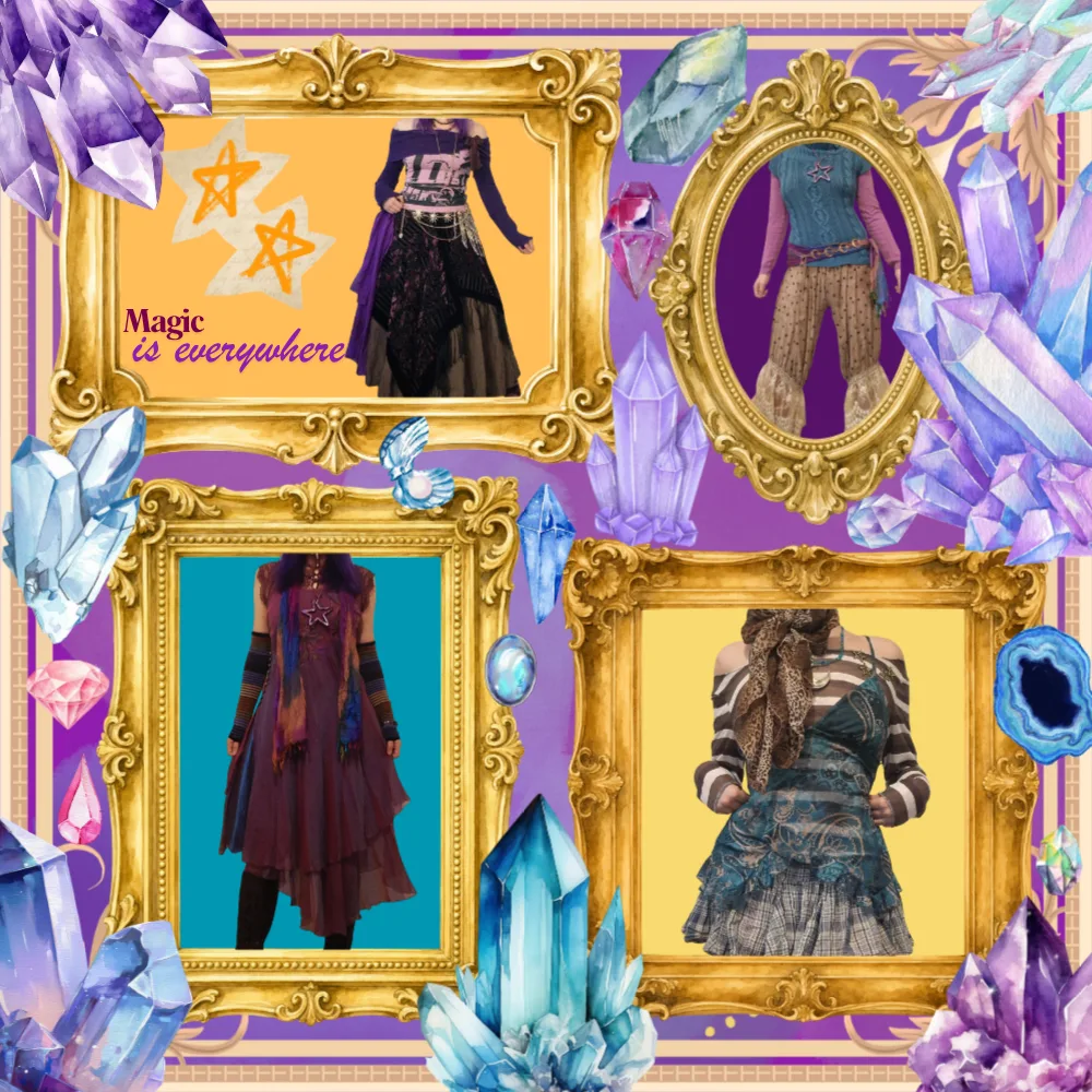 Four whimsigoth outfits in gold frames among watercolour crystals, all layered skirts, scarves and stars, with the words Magic is everywhere