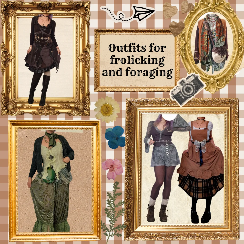 Mori kei outfits for frolicking and foraging in gold frames: brown and green layers, ruffles, lots of scarves, and a brown pinafore dress with a lace bow