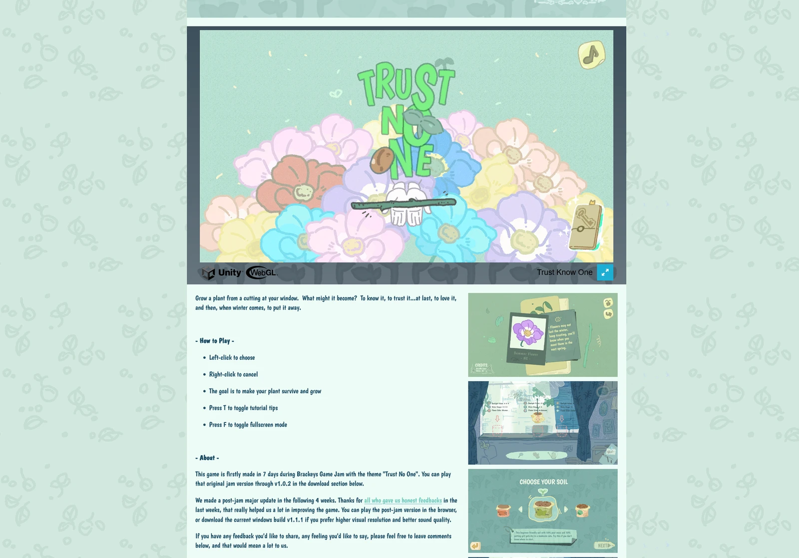 The itch.io page of Trust Know One: the title on a pile of pastel flowers, with screenshots of growing a plant from a cutting at your window