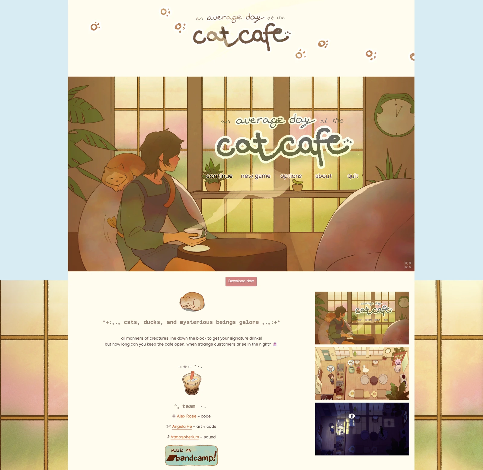 The itch.io page of An Average Day at the Cat Cafe: a barista sipping tea by the window while an orange cat naps on the chair behind them