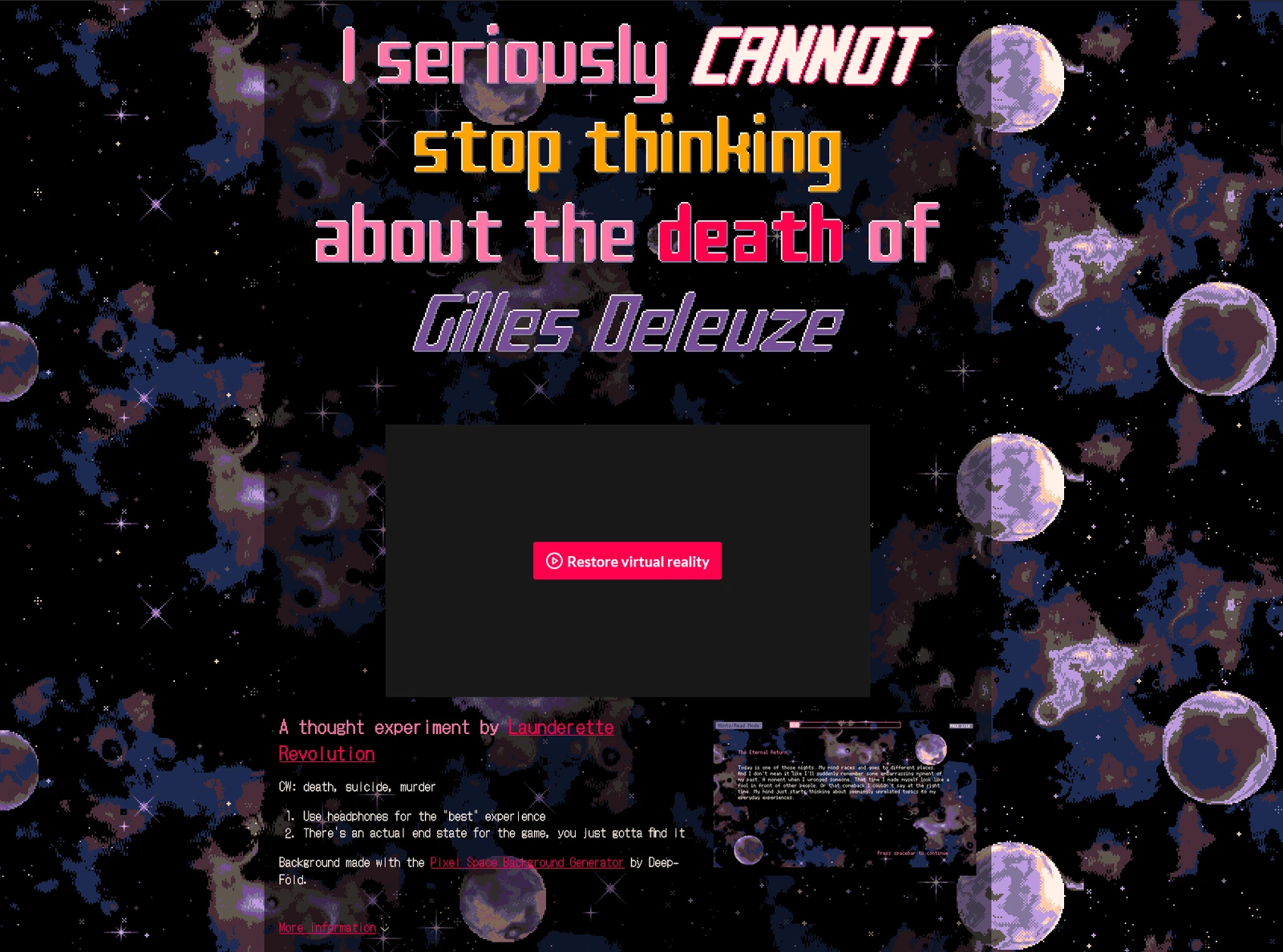 The itch.io page of I Seriously Cannot Stop Thinking About the Death of Gilles Deleuze: a pink and orange pixel title over starry space and purple planets