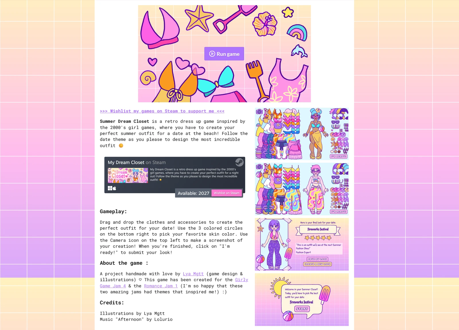 The itch.io page of Summer Dream Closet by lyamgtt, a retro 2000s-style dress-up game full of pastel bikinis, bows and beach outfits