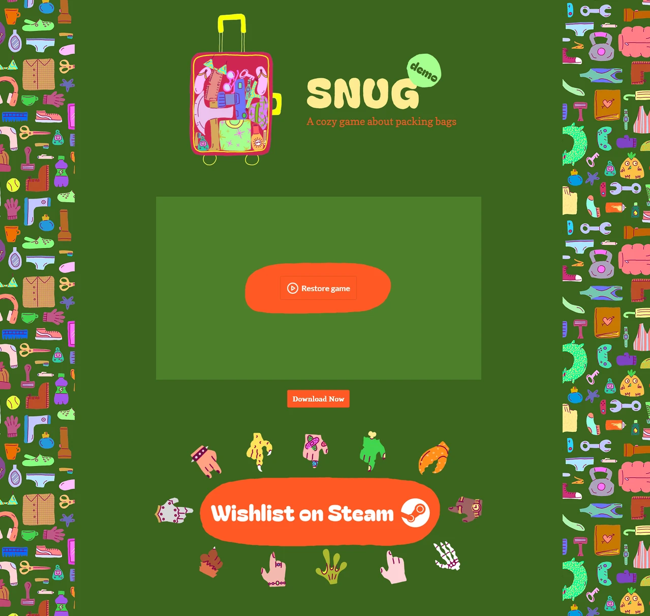 The itch.io page of Snug, a cozy game about packing bags, with an overstuffed pink suitcase and a border of colourful doodled belongings