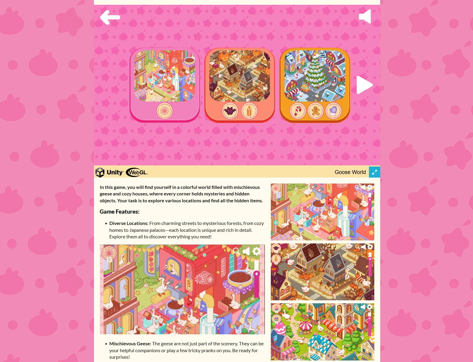 The itch.io page of Goose World: pink, cozy hidden-object levels full of mischievous geese, from a candy shop to a Halloween village and a Christmas square