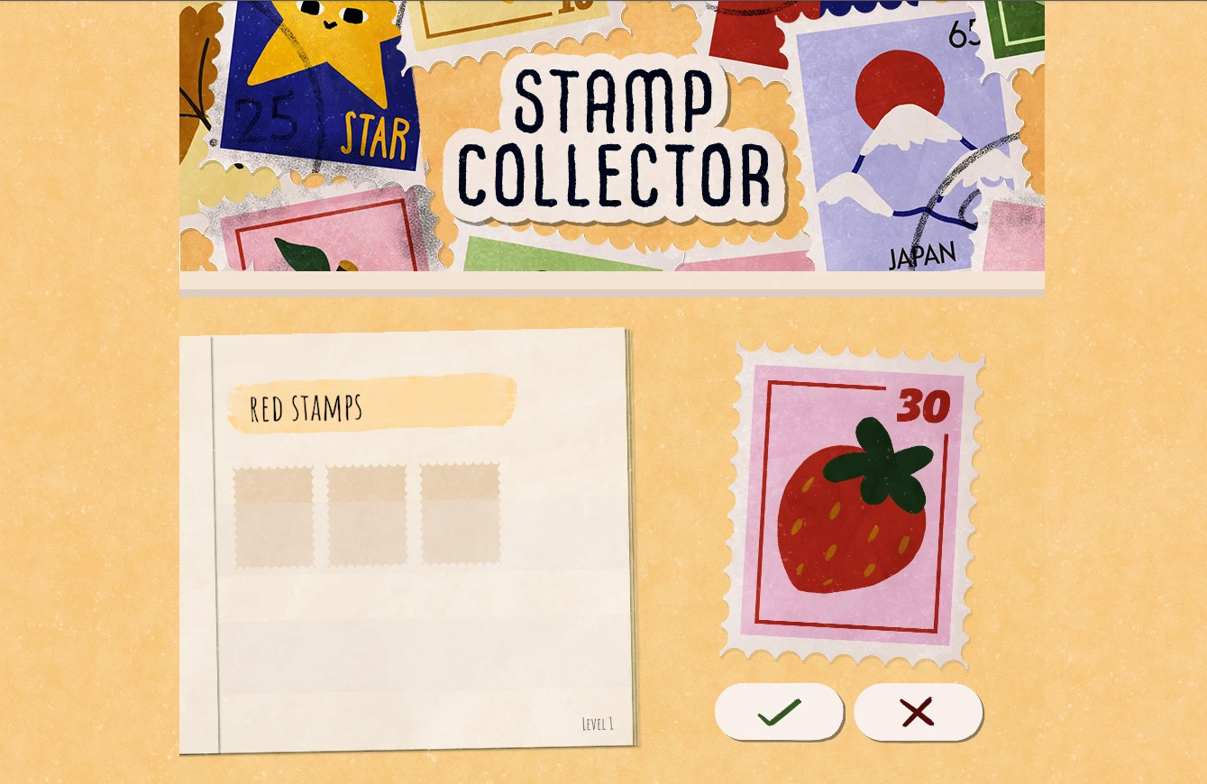Stamp Collector: sorting a strawberry stamp into the red stamps page of the album, under a title banner made of stamps