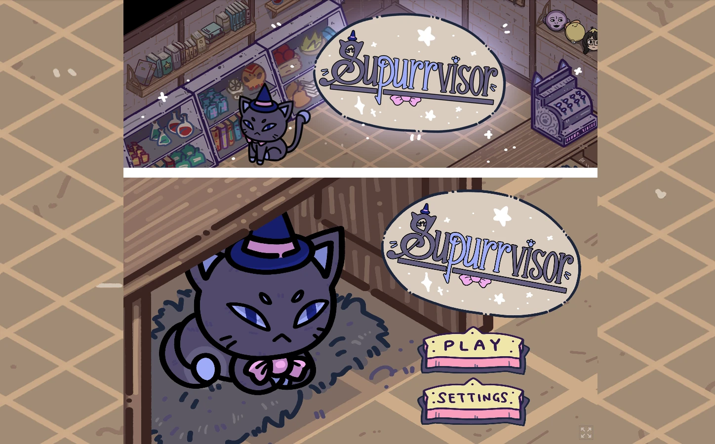 Supurrvisor: a grumpy grey cat in a witch hat guarding a potion shop, and sitting in its box on the title screen