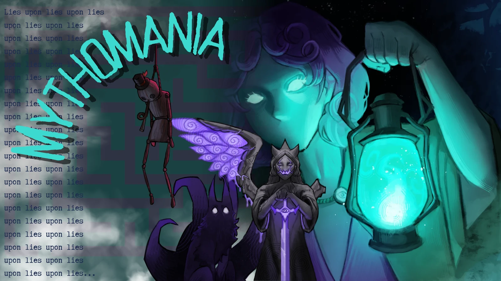 Mythomania key art: a ghostly girl holding a glowing lantern, with a wooden puppet, the shadow wolf and a winged masked figure, next to the words lies upon lies upon lies