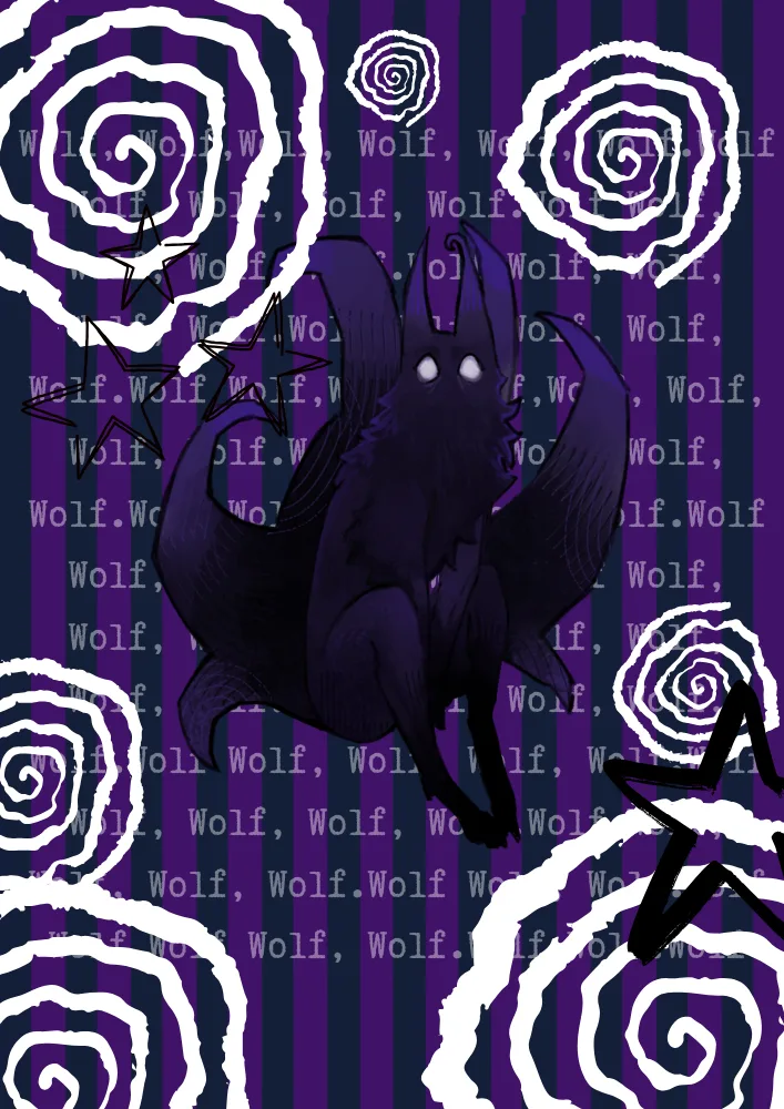 Concept art of a shadowy purple wolf creature with glowing white eyes, on a striped background covered in the words Wolf, Wolf, Wolf