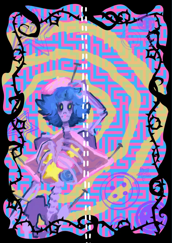 Concept art of a blue-haired skeleton girl with star buttons and nails stuck through her, framed by thorny vines on a pink and blue maze
