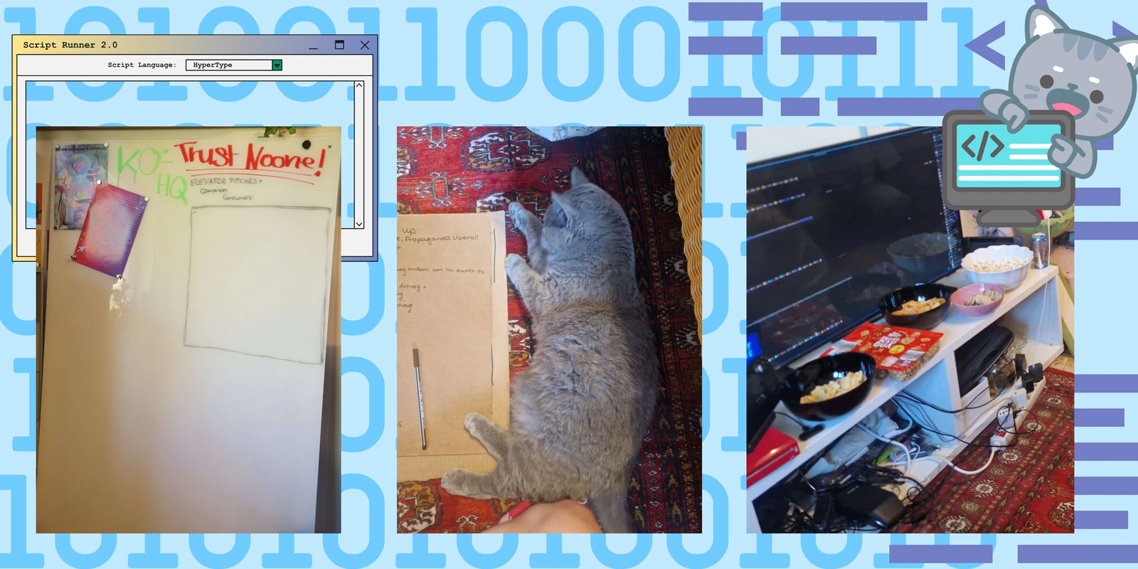 Our jam day in pictures: the KO-HQ whiteboard saying Trust Noone!, a grey cat lying on our planning sheets, and the PC setup surrounded by snacks
