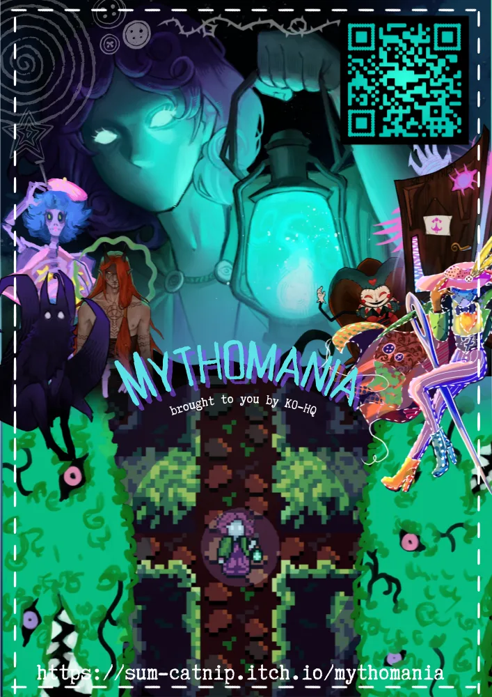 The Mythomania poster by KO-HQ with all our characters, a pixel art view of the labyrinth, a QR code and the link sum-catnip.itch.io/mythomania