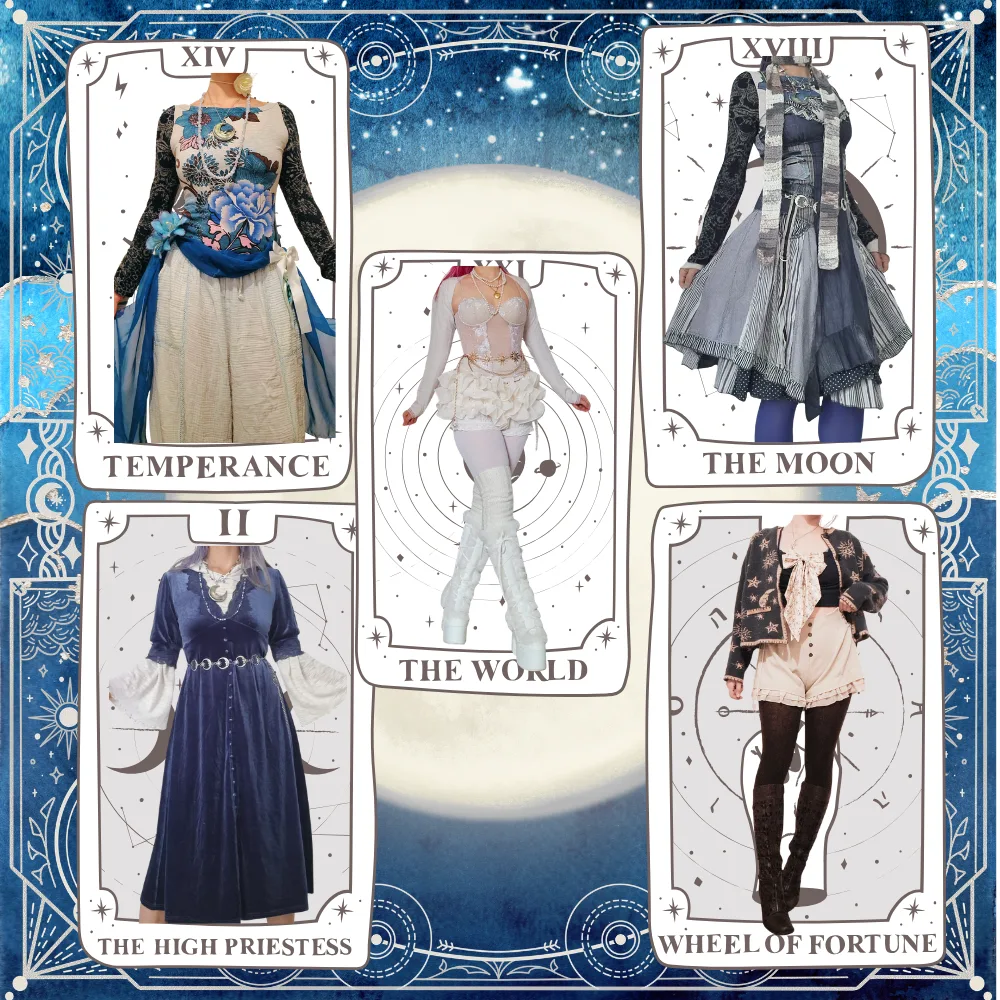 Five celestial fall outfits on tarot cards: Temperance, The Moon, The World, The High Priestess in blue velvet, and Wheel of Fortune with a star cardigan