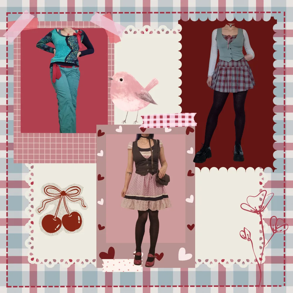 Three colourful twee outfits on a plaid collage with cherries and a pink bird: a teal patterned top, a grey vest with a plaid mini skirt, and a pink dress with a brown vest